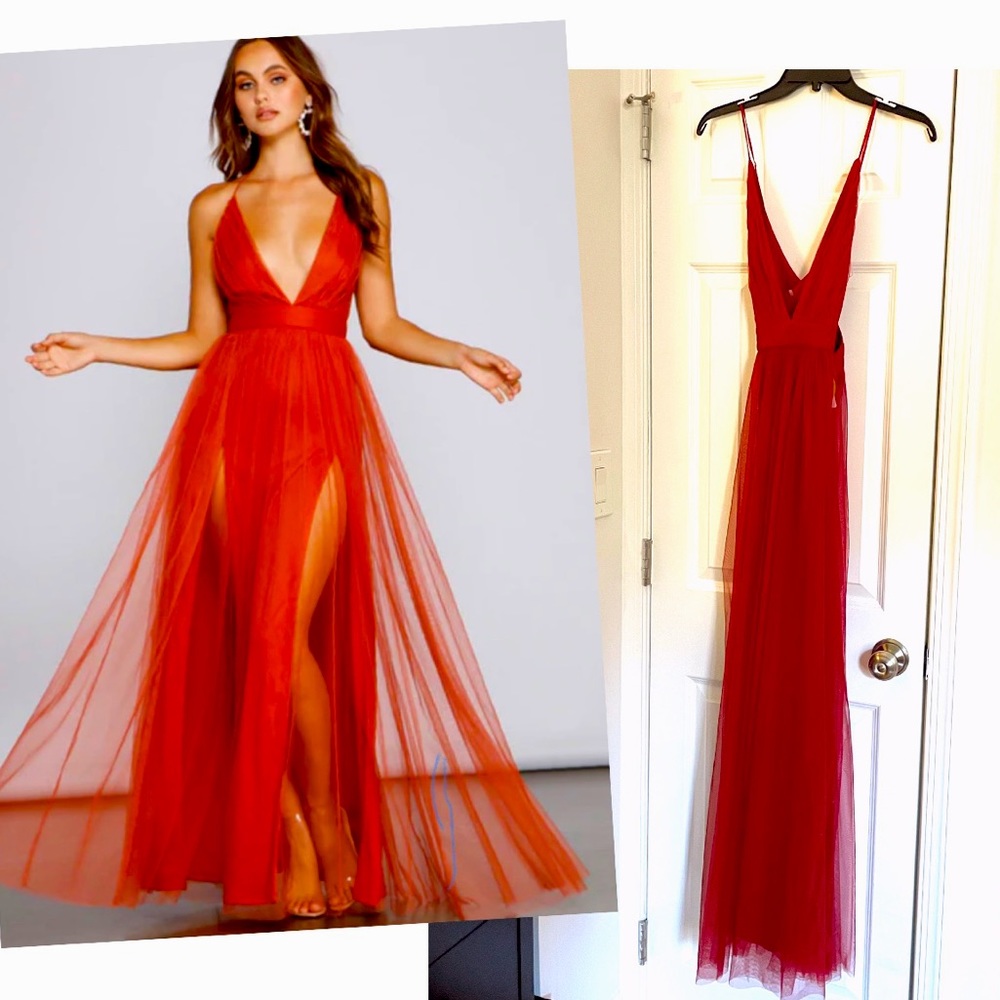 Long Red Formal Dress Gown Low Cut Sexy. Black tulle cape/belt not included.